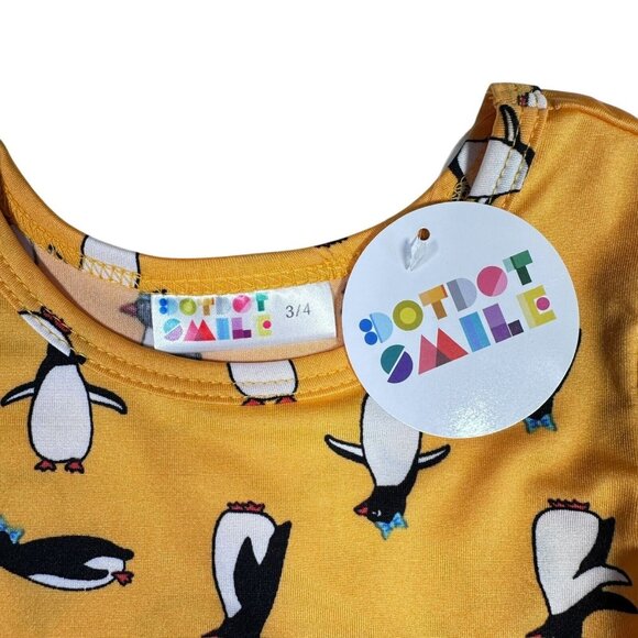 Dot Dot Smile Girls 3 4 Yellow Cap Sleeve Twirl Dress Christmas Winter Penguin - Picture 2 of 7